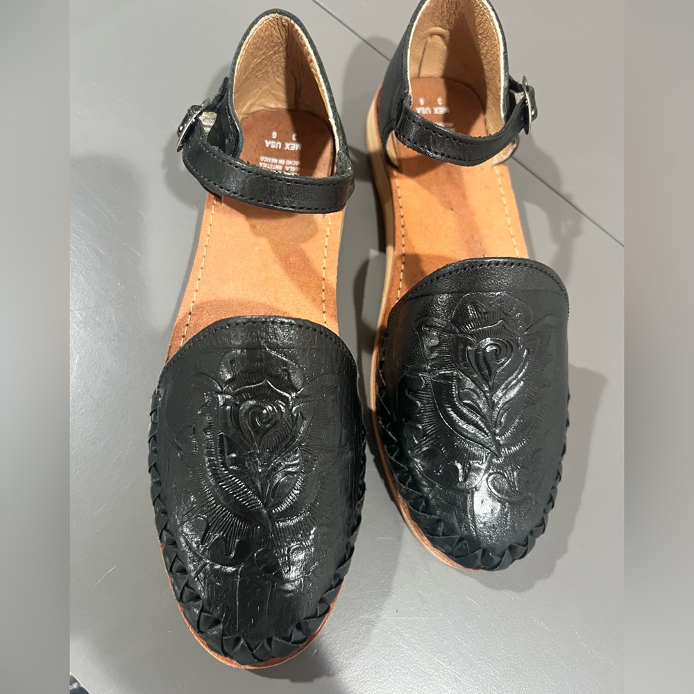 Black Embossed Leather Ankle-Strap Flats
